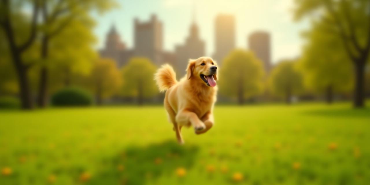 A happy golden retriever running through a lush green New York City park with the skyline in the background