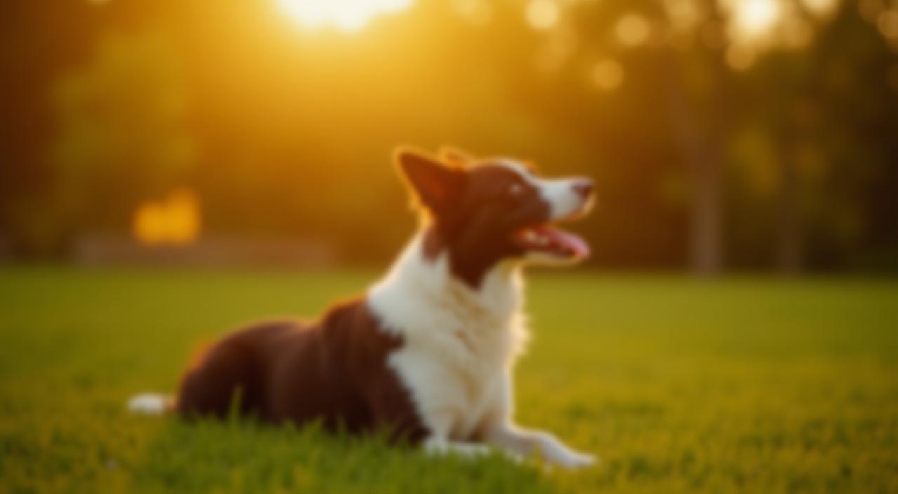 A calm dog looking attentively at its trainer during a sunset session