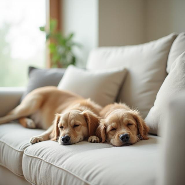 A cat and dog relaxed together on a couch at home