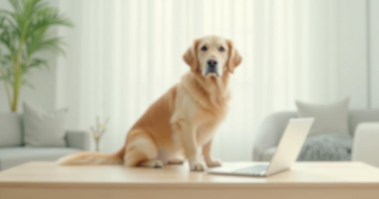 Golden Retriever sitting calmly next to a professional laptop, representing digital safety and pet care
